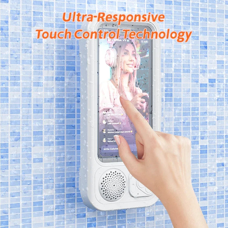 Shower Phone Holder with Bluetooth Speaker IPX4 Waterproof Anti-Fog Touch Screen Wall Mount Phone Holder for Shower Bathroom