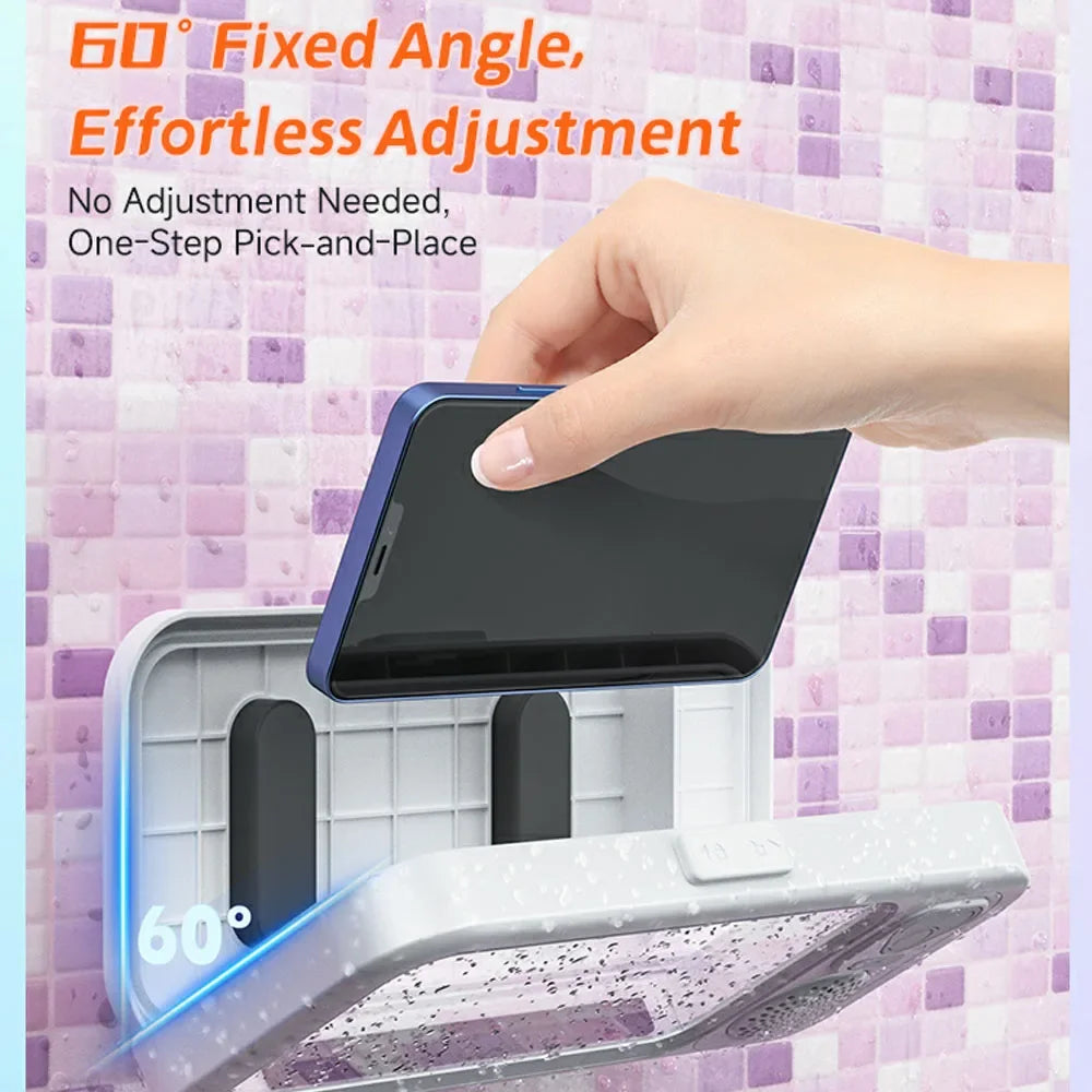 Shower Phone Holder with Bluetooth Speaker IPX4 Waterproof Anti-Fog Touch Screen Wall Mount Phone Holder for Shower Bathroom