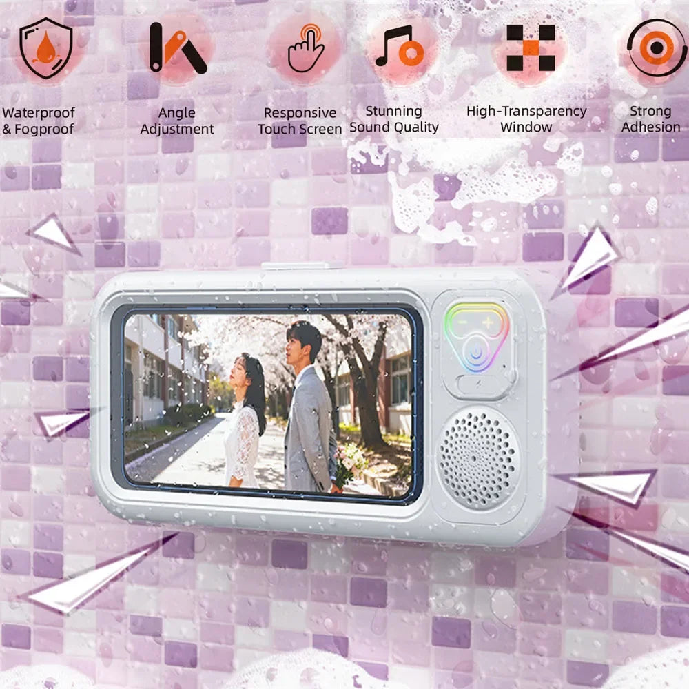 Shower Phone Holder with Bluetooth Speaker IPX4 Waterproof Anti-Fog Touch Screen Wall Mount Phone Holder for Shower Bathroom